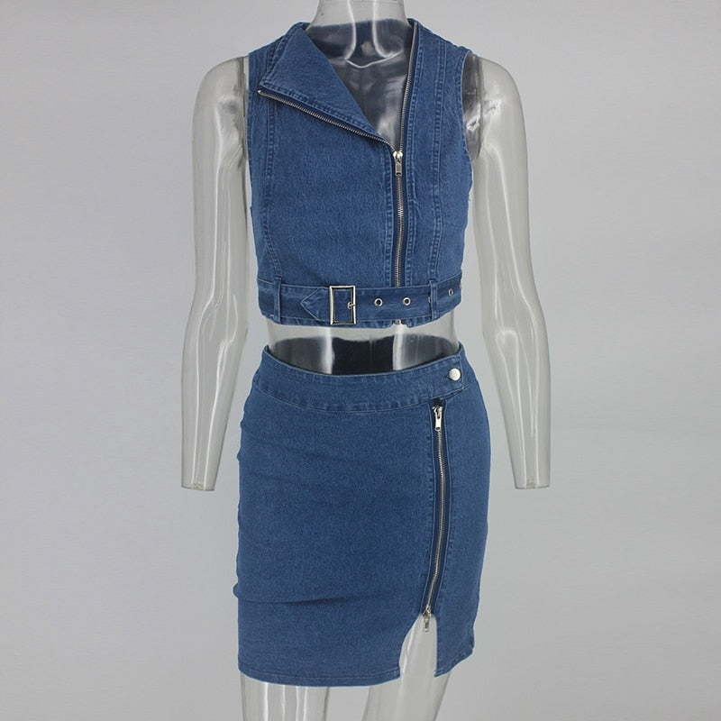Denim Zipper Sleeveless Crop Top and Skirt Set