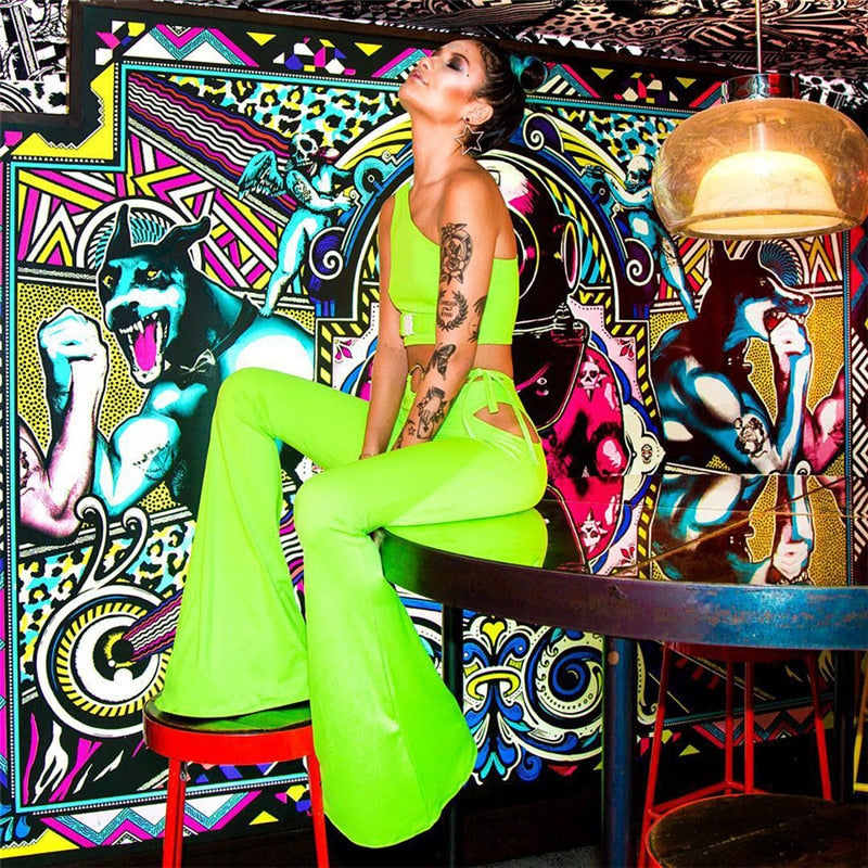 One Shoulder Buckle Neon Crop Tops