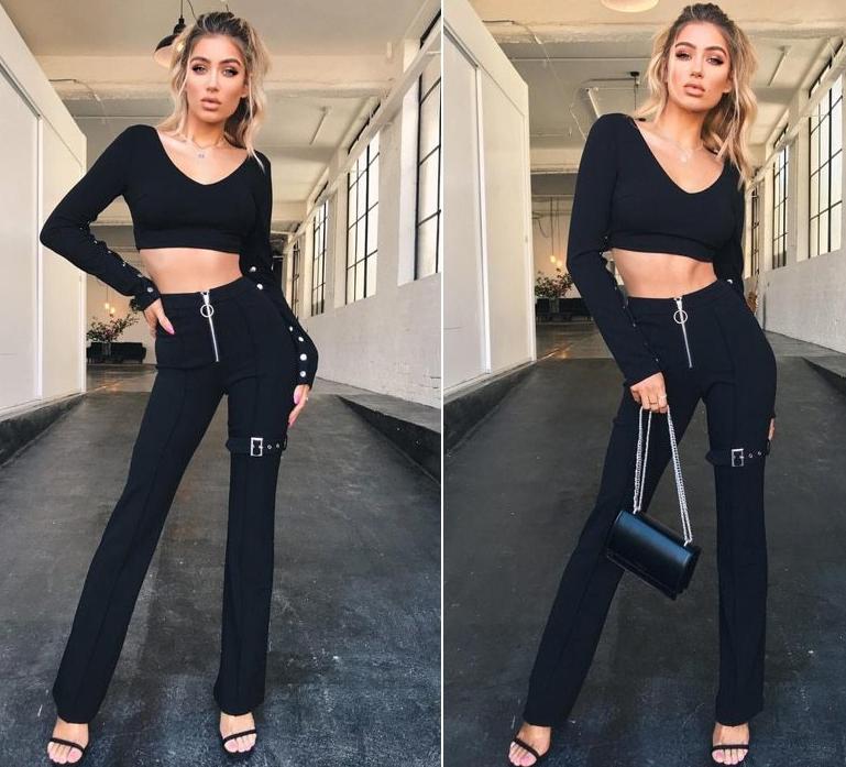 Front Zipper High Waist Pants Leg Buckle Pants