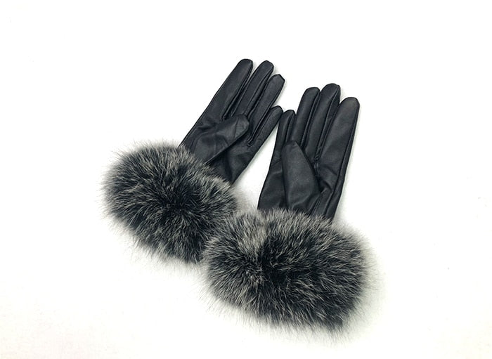 Genuine Leather Gloves Fur Cuffs Women