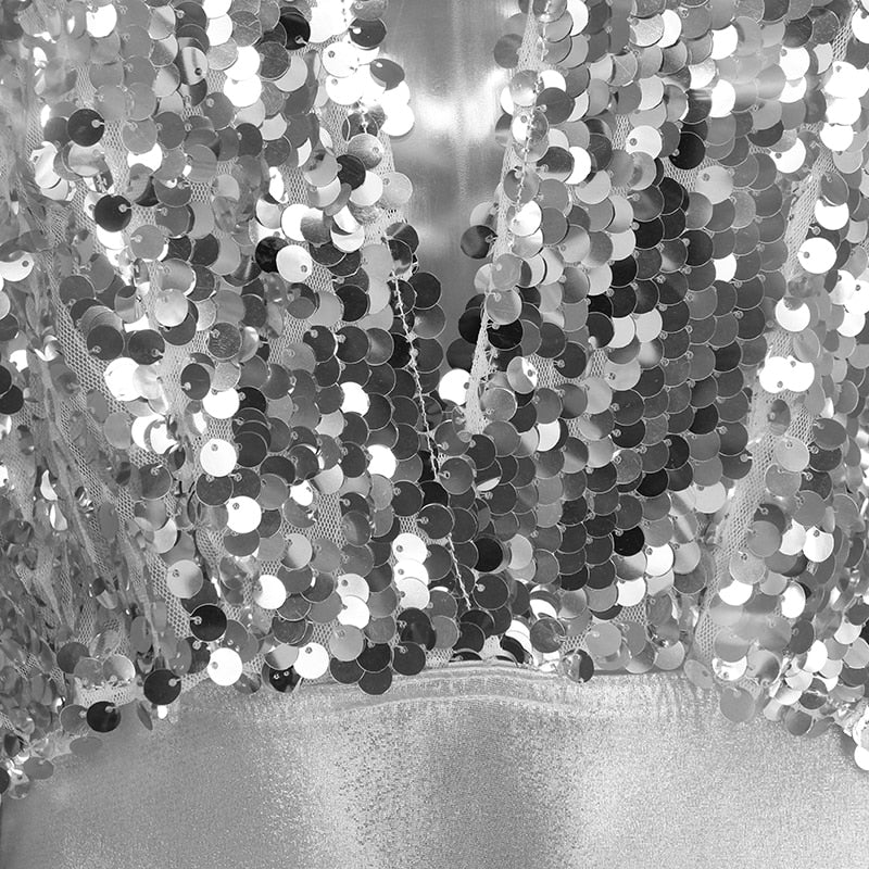 Shiny Sequin Deep V Long Sleeve Bodysuits