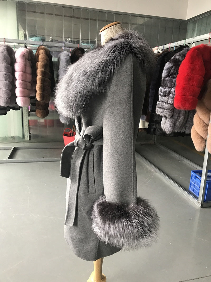 Natural Woolen With Thick Fox Fur Collar/Cuffs Coats
