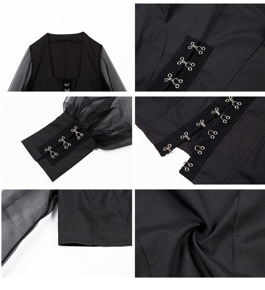 Black Square Neck Mesh Buckle Crop Top