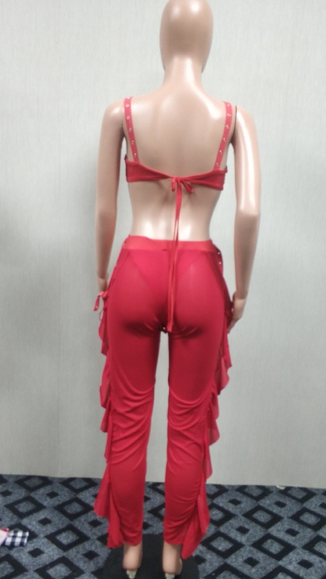 Mesh Pearl Beading Crop Top And Pants Set