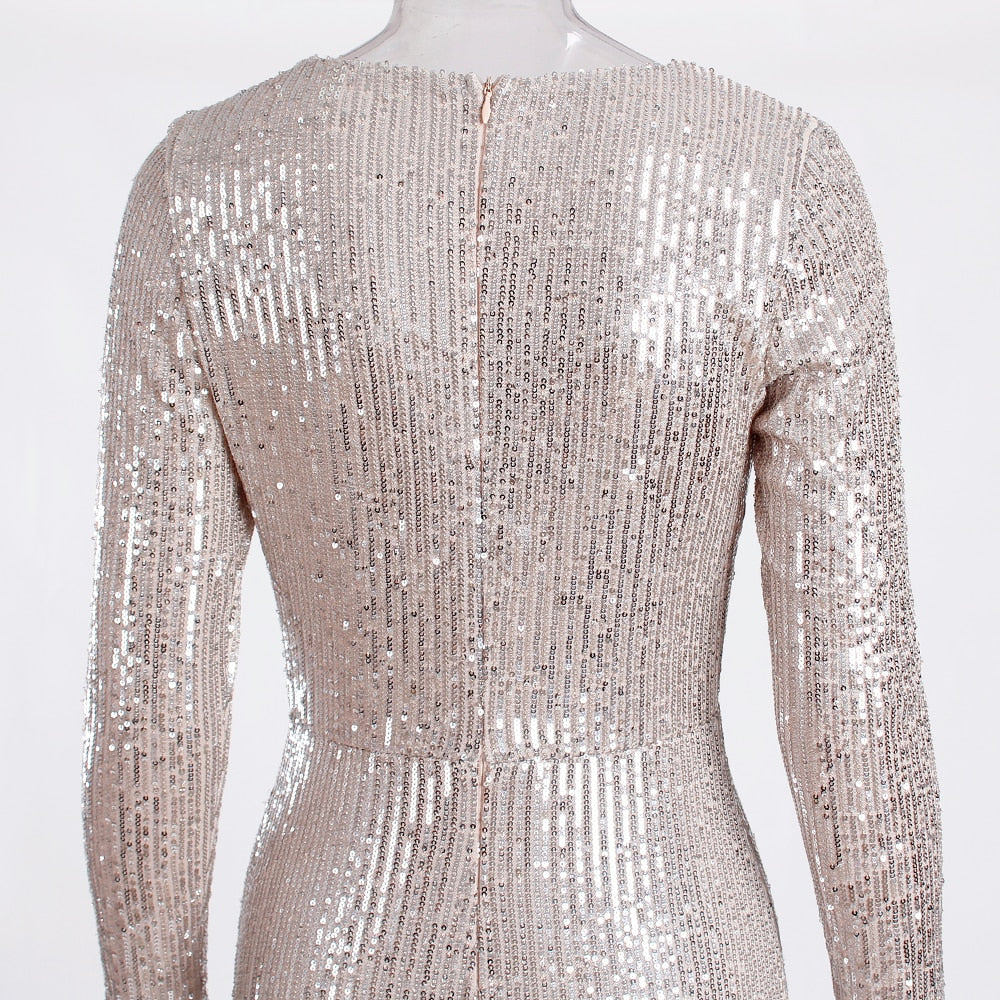 Sequin Stretchy Long Sleeve Maxi Dresses