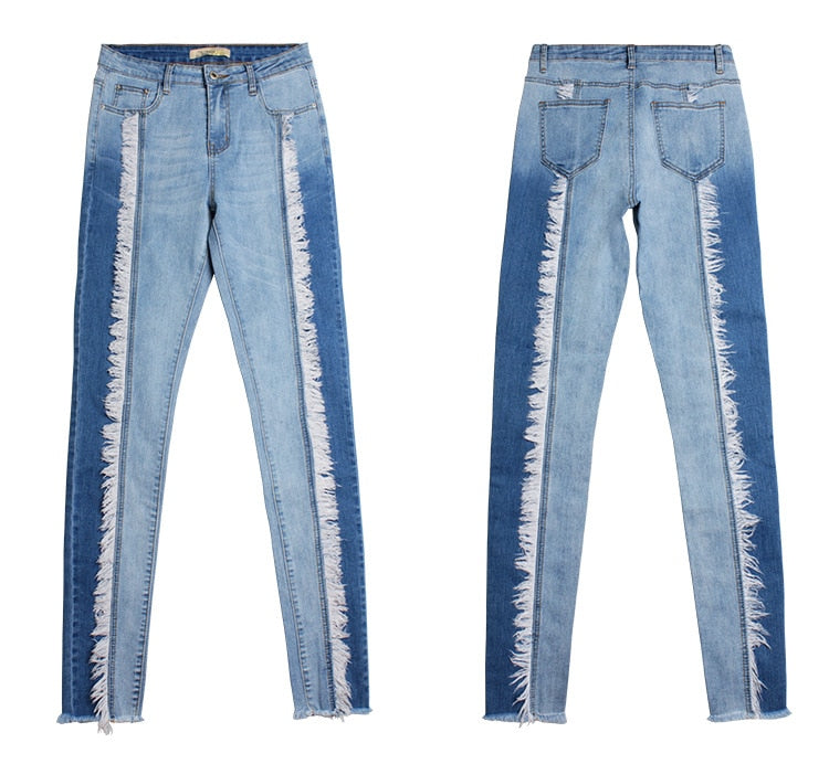 Two Tone Tassels High Waist Jeans