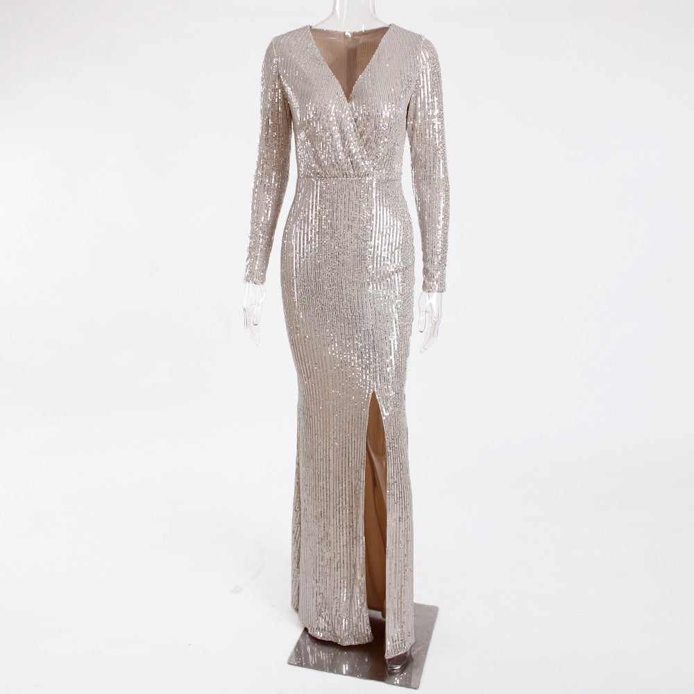 Sequin Stretchy Long Sleeve Maxi Dresses