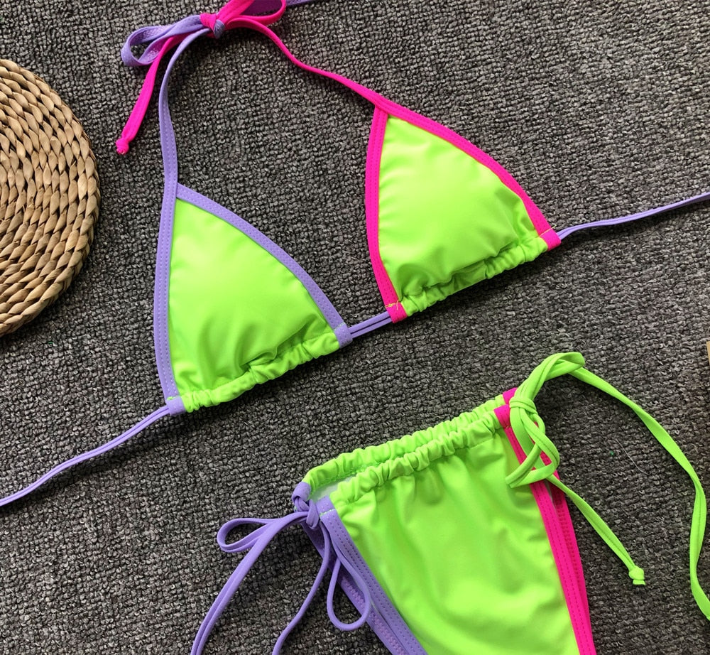 Halter V Neck Candy Color Bikini Sets