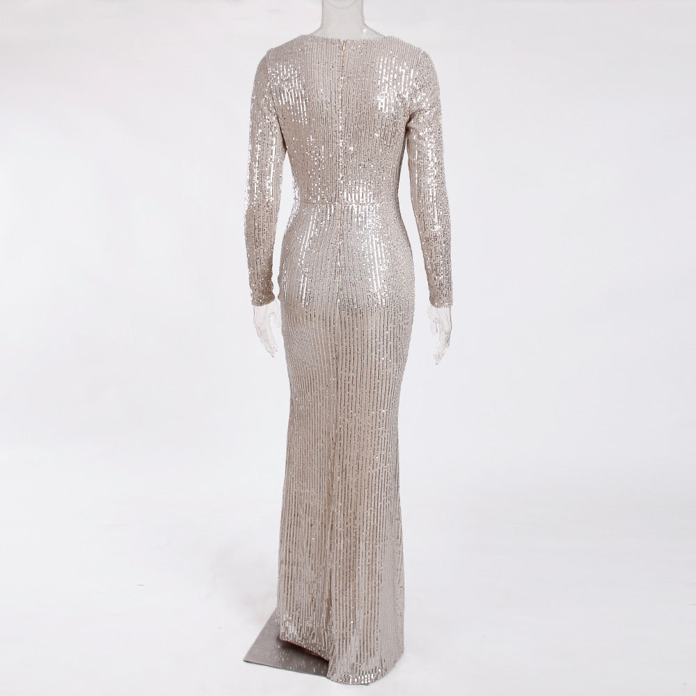 Sequin Stretchy Long Sleeve Maxi Dresses