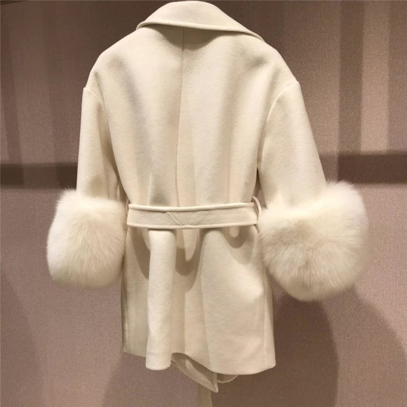 Double Faced Wool Cashmere Real Fox Fur Cuffs Coats