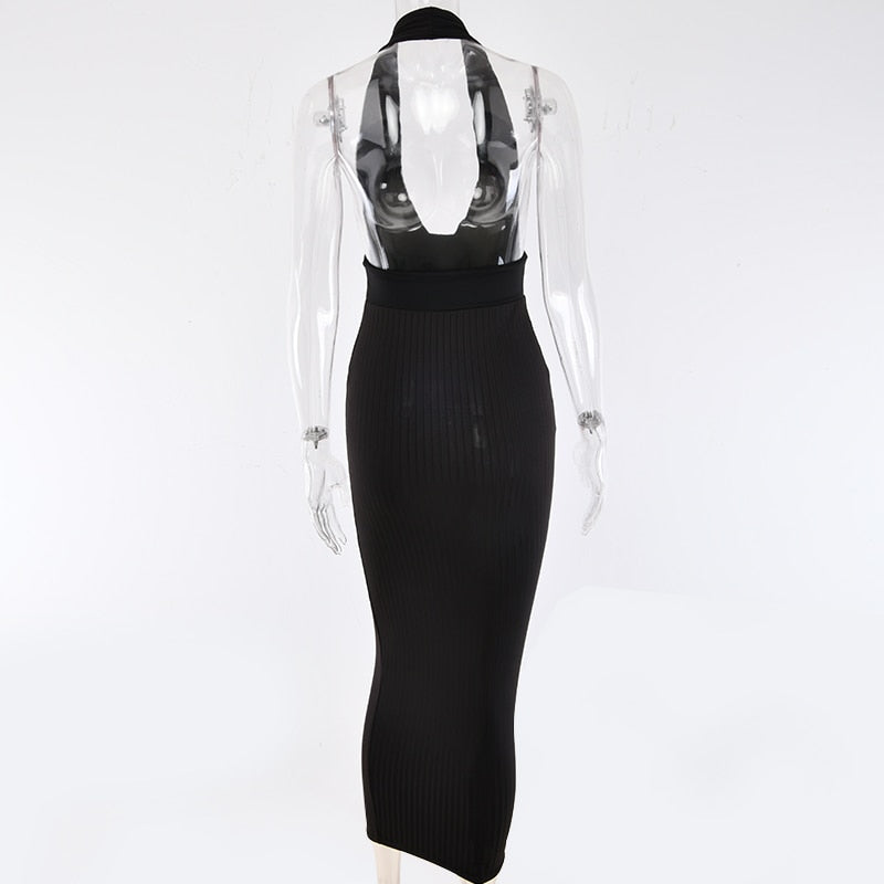 Halter Deep V Backless Pencil Long Bodycon Dresses