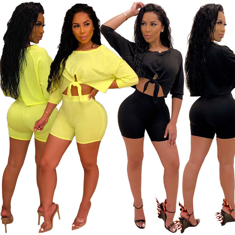 Loose Front Tie Crop Top and Biker Shorts