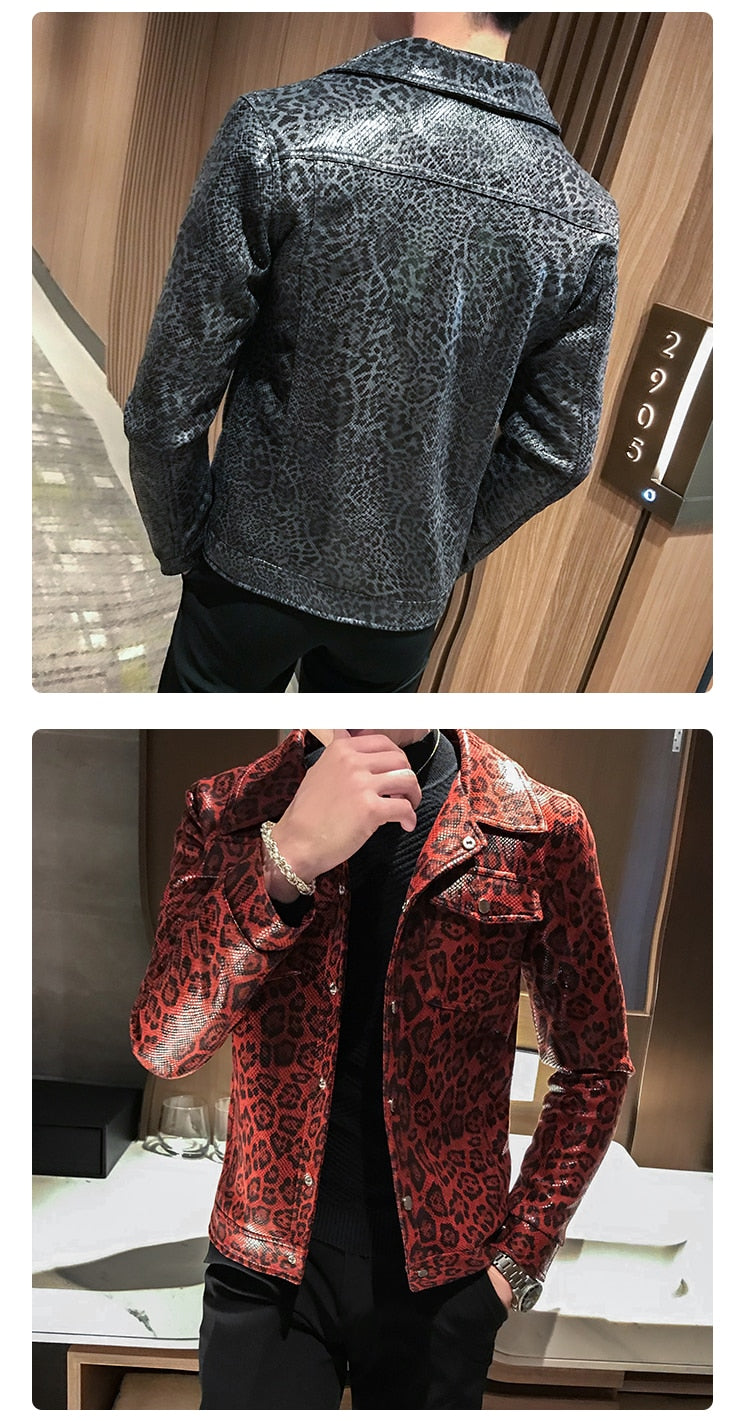 Leopard Print Slim Pu Leather Jackets