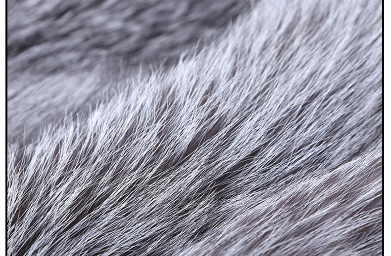 Real Natural Silver Fox Fur With Thick Fur Collar Long Overcoat