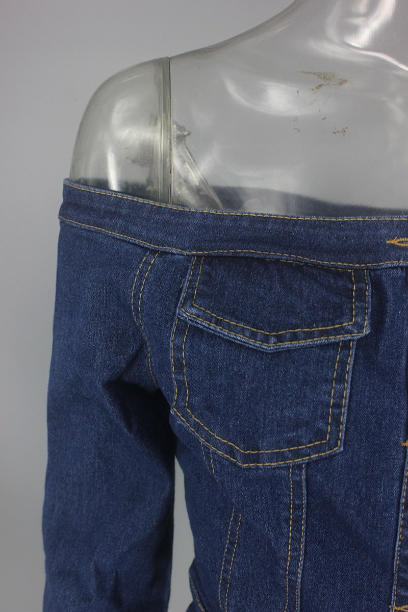 Denim Off Shoulder Long Sleeve Button Up Dress