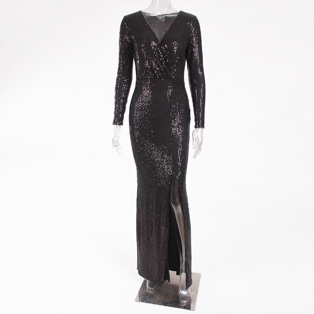 Sequin Stretchy Long Sleeve Maxi Dresses