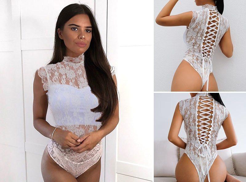 White Mesh See Through Lace Bodysuits