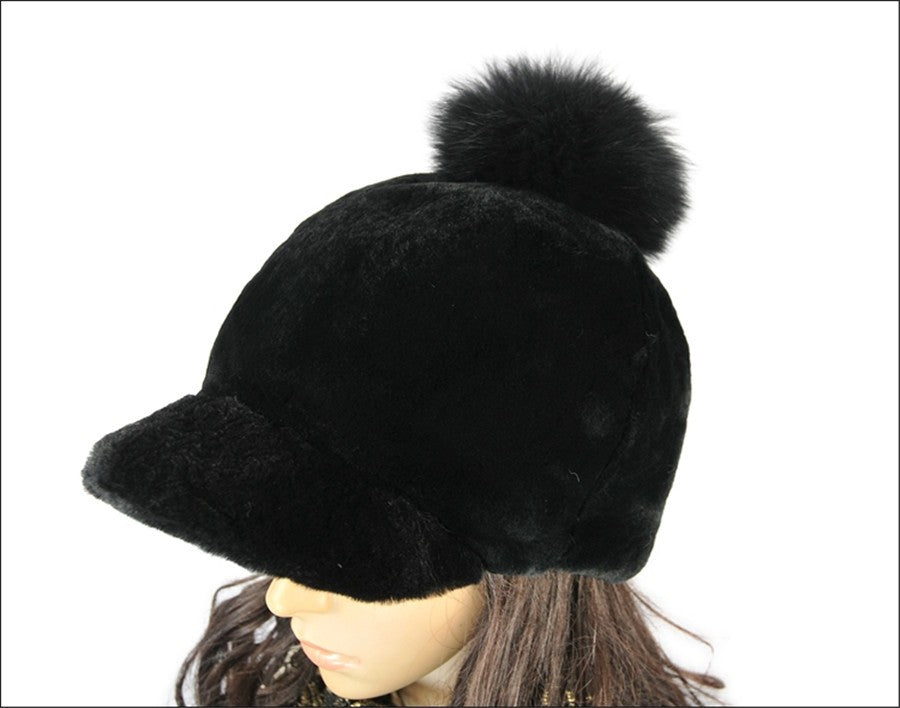 Rabbit Fur Hat with Fox Fur Pom Poms