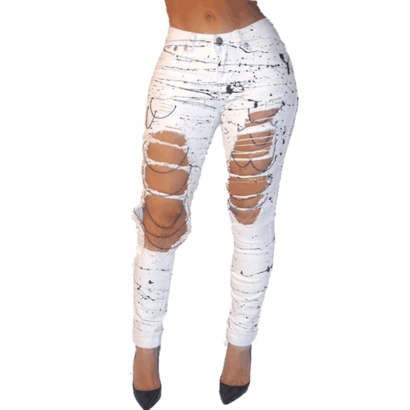 Large Holes Chain Paint Splash Ripped Jeans