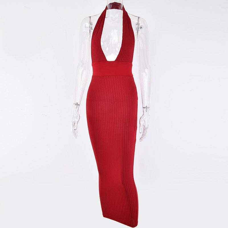 Halter Deep V Backless Pencil Long Bodycon Dresses