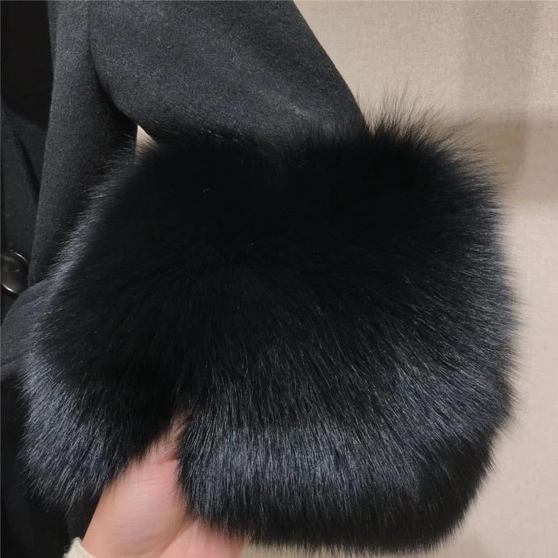 Double Faced Wool Cashmere Real Fox Fur Cuffs Coats