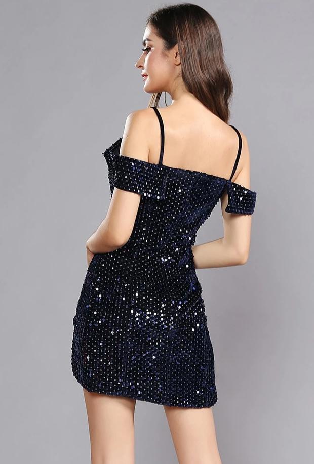 Velvet Bottom Sequin Spaghetti Straps Off Shoulder Dress