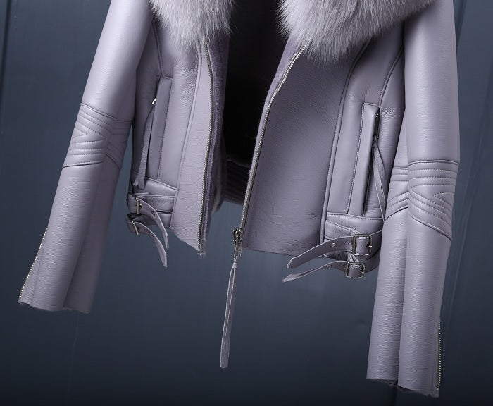 Genuine Leather Jackets Real Fur Collar MOTO Jackets