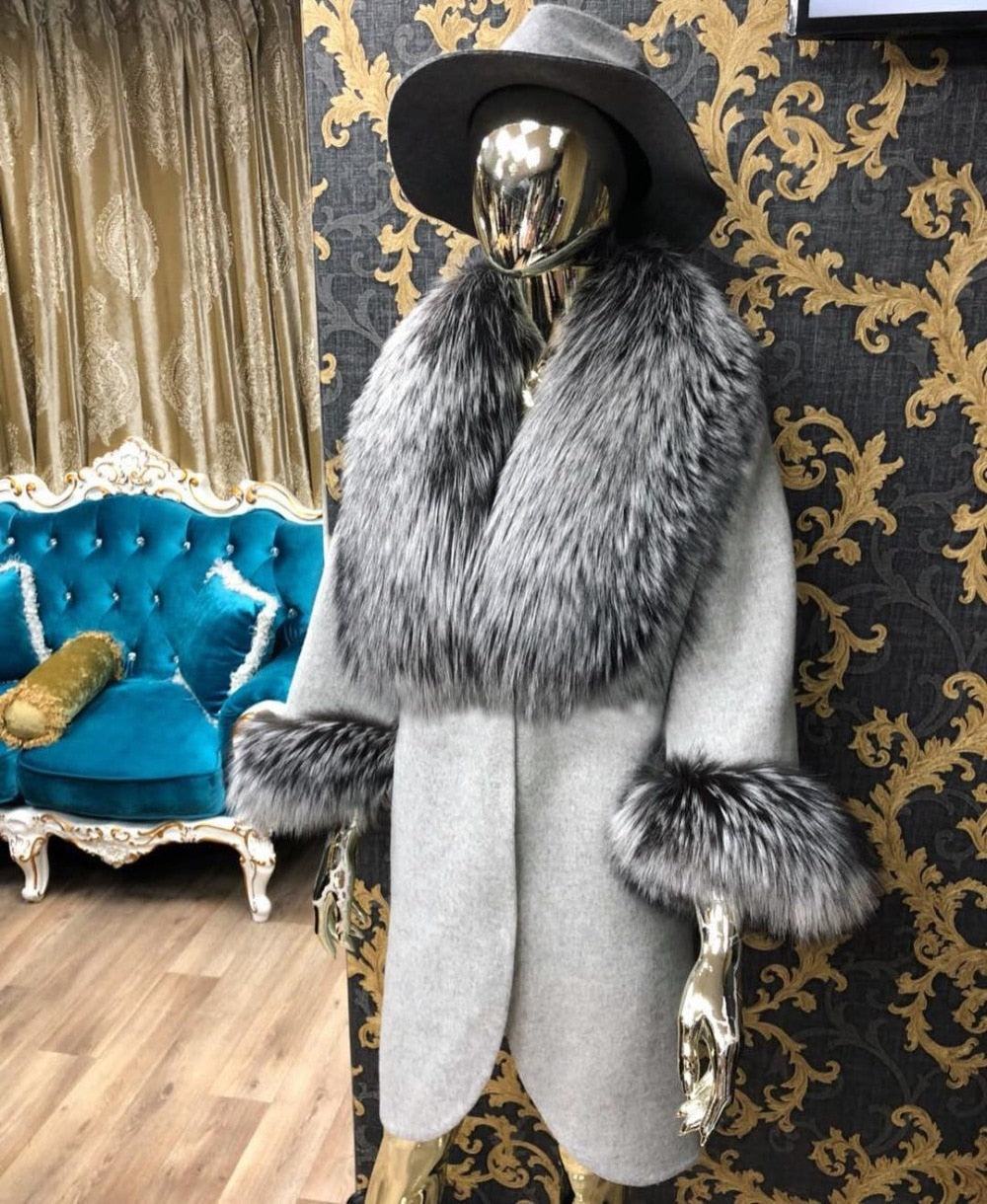 Natural Woolen With Thick Fox Fur Collar/Cuffs Coats