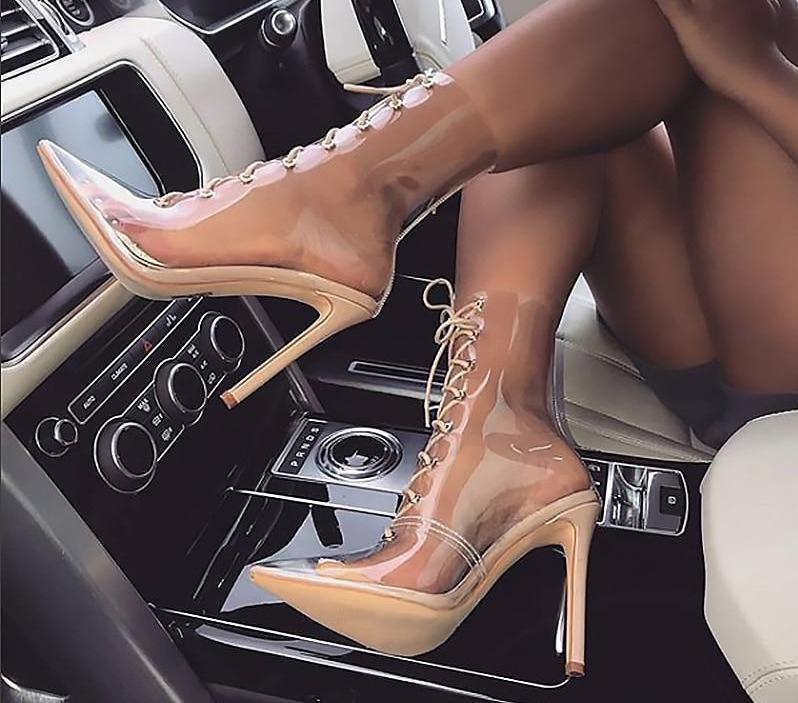 Transparent Tie Up Above Ankle High Heels Boots