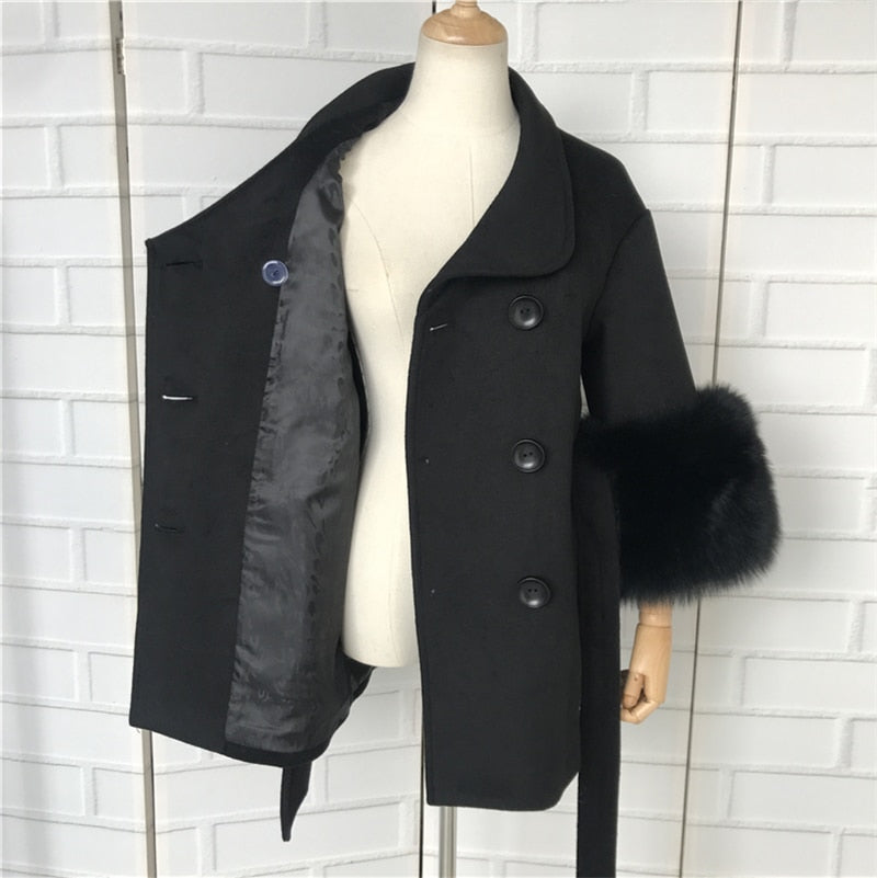 Double Faced Wool Cashmere Real Fox Fur Cuffs Coats