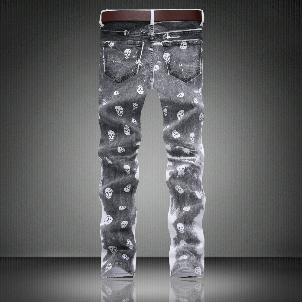 Skull Printed Slim Biker Jeans