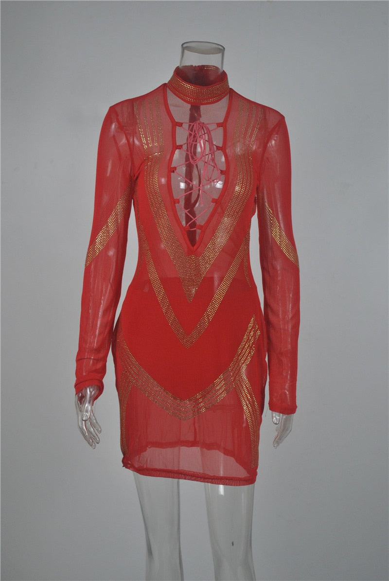 Mesh Sparkly Deep V Long Sleeve Bodycon Dresses