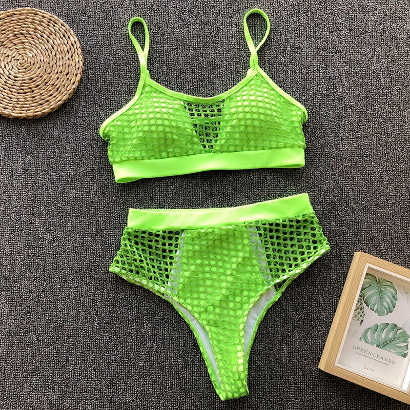 Mesh High Waist Hollow Out Bikini Sets