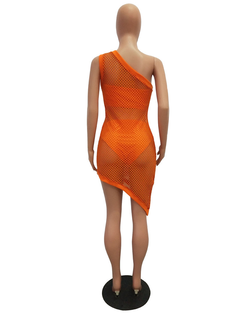 Neon Fishnet One Shoulder Bodycon Dresses 3 Pcs Sets