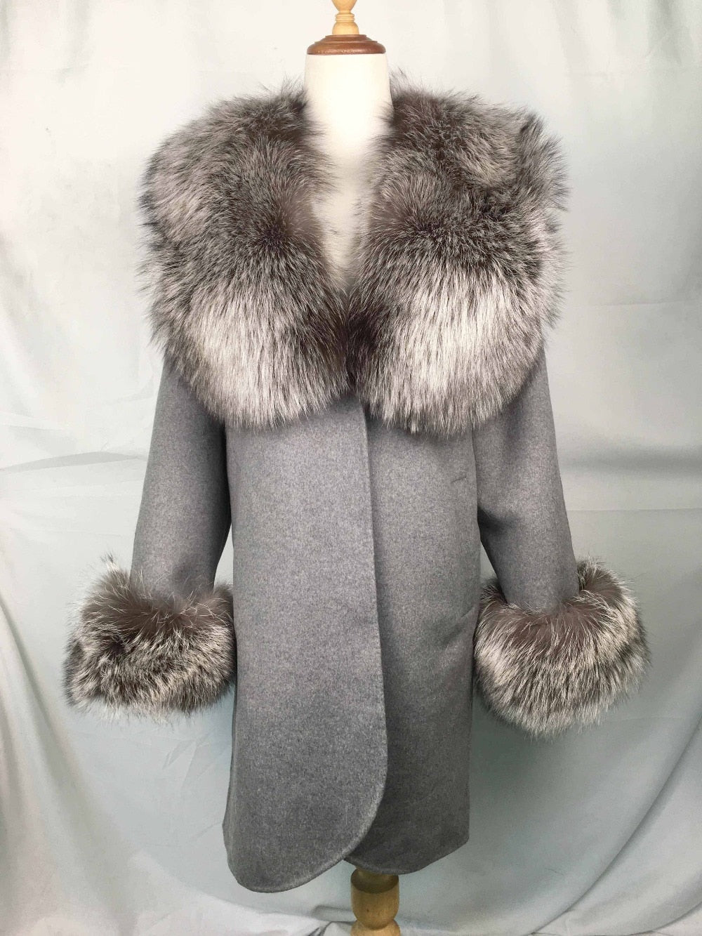 Natural Woolen With Thick Fox Fur Collar/Cuffs Coats