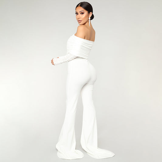 Lace Off Shoulder Long Sleeve Wide Extended Leg Jumpsuits