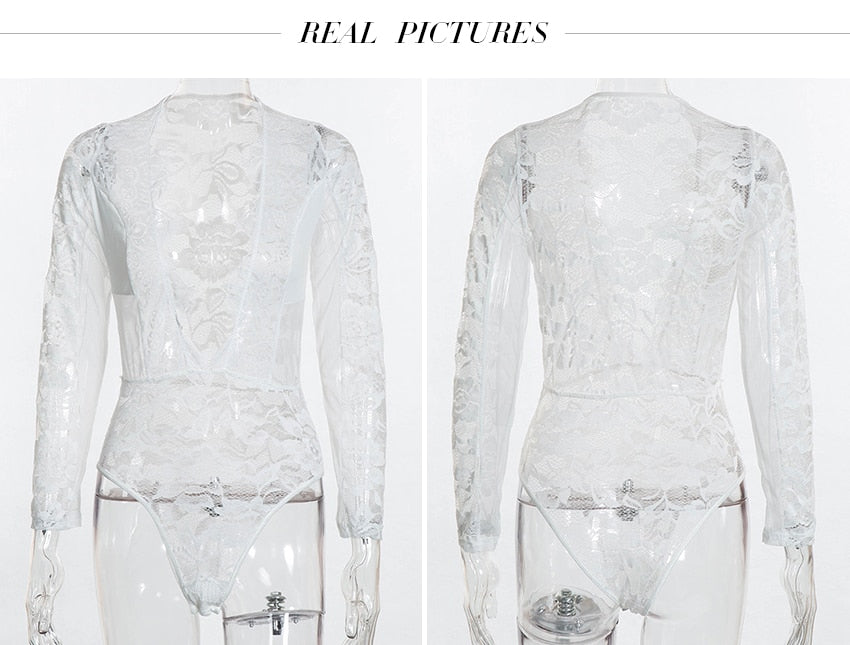 Lace Deep V Neck Patchwork Mesh Bodysuits