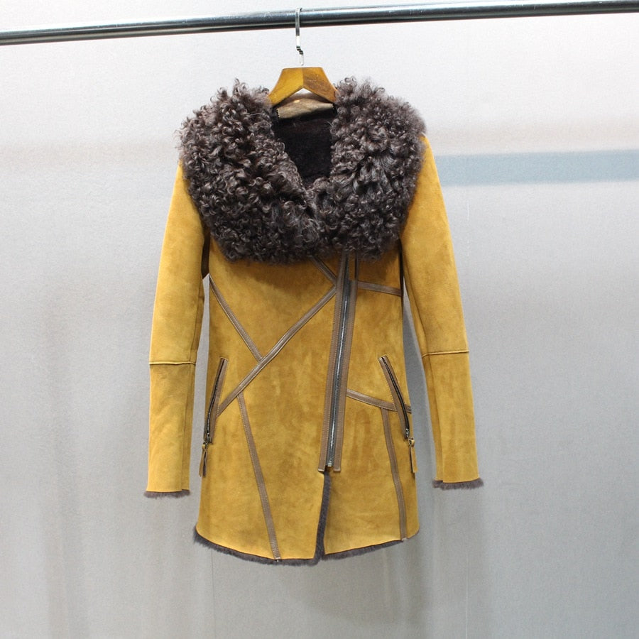 Genuine Leather Coat Big Curly Fur Collar