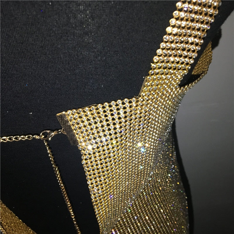 Metal Crystal Diamonds Strap Backless Split Dresses