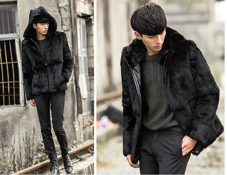 Natural Black Short Rex Rabbit Fur With Fox Fur Collar/Hood