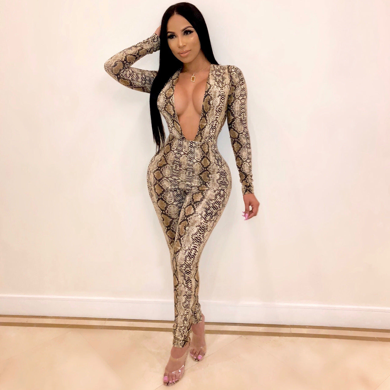 Snakeskin Print Long Sleeve Deep V Neck Jumpsuit