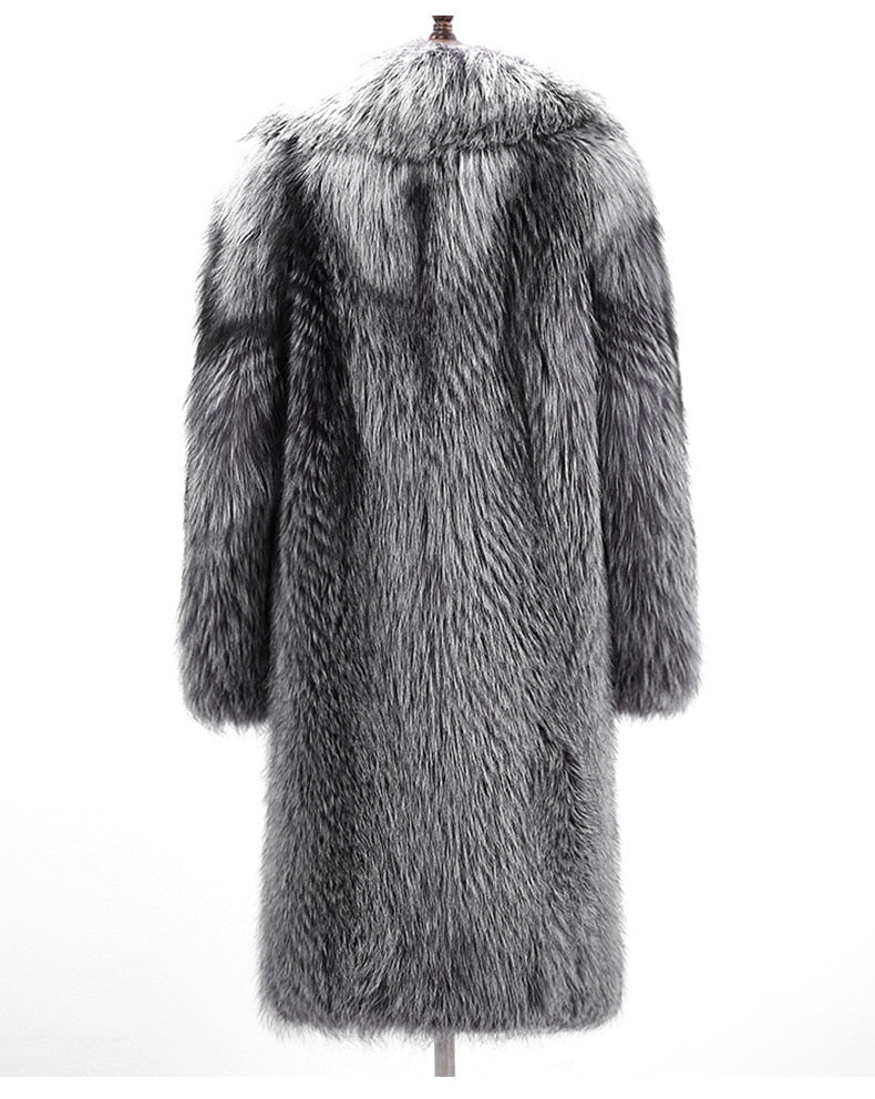 Real Natural Silver Fox Fur With Thick Fur Collar Long Overcoat
