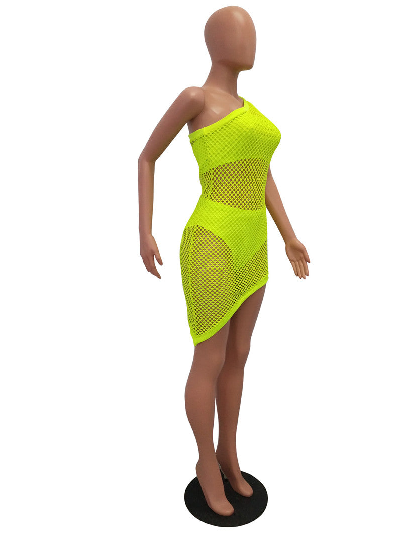 Neon Fishnet One Shoulder Bodycon Dresses 3 Pcs Sets