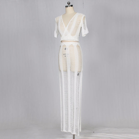 Netted Hollow Out Side Slit 2 Pcs Dresses
