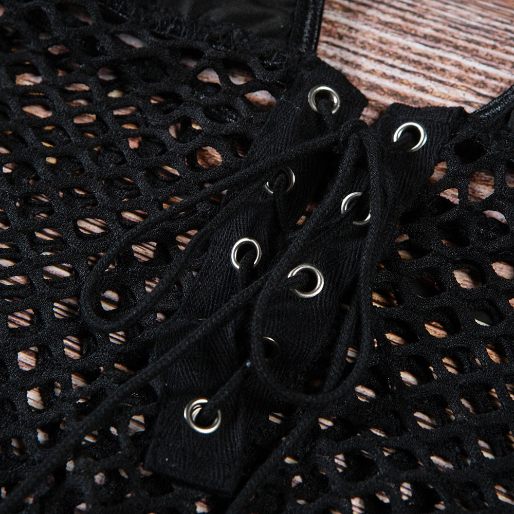 Mesh V Neck Hollow Out Lace Bodysuit