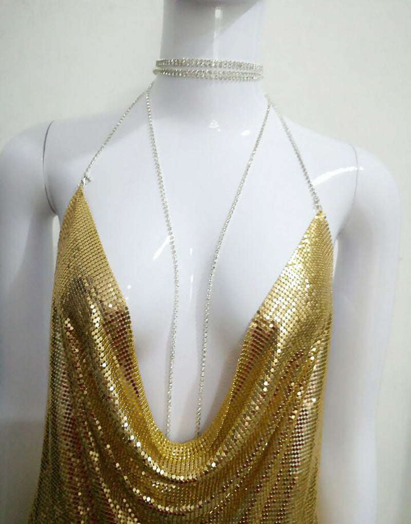 Metallic Ice Deep V Neck Halter Backless Dresses