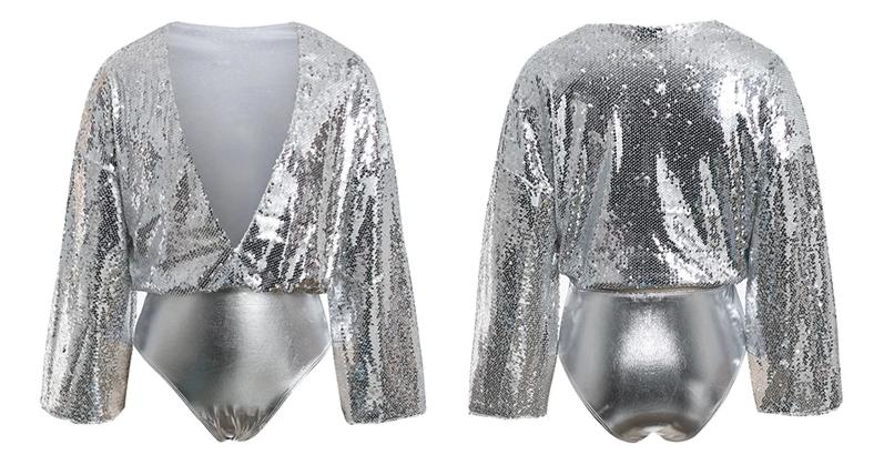 Metallic Sequin Deep V Loose Sleeve Bodysuits