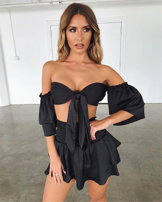 V Neck Ruffle Bow Tie Crop Top and Skirt Sets