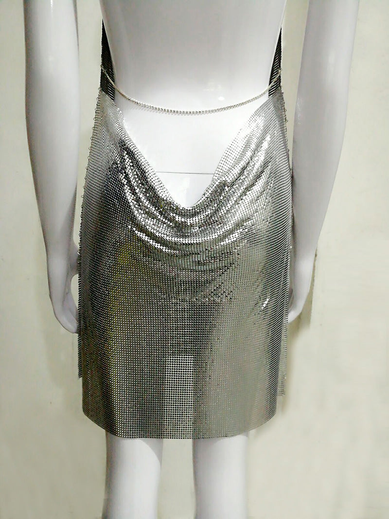 Metallic Ice Deep V Neck Halter Backless Dresses