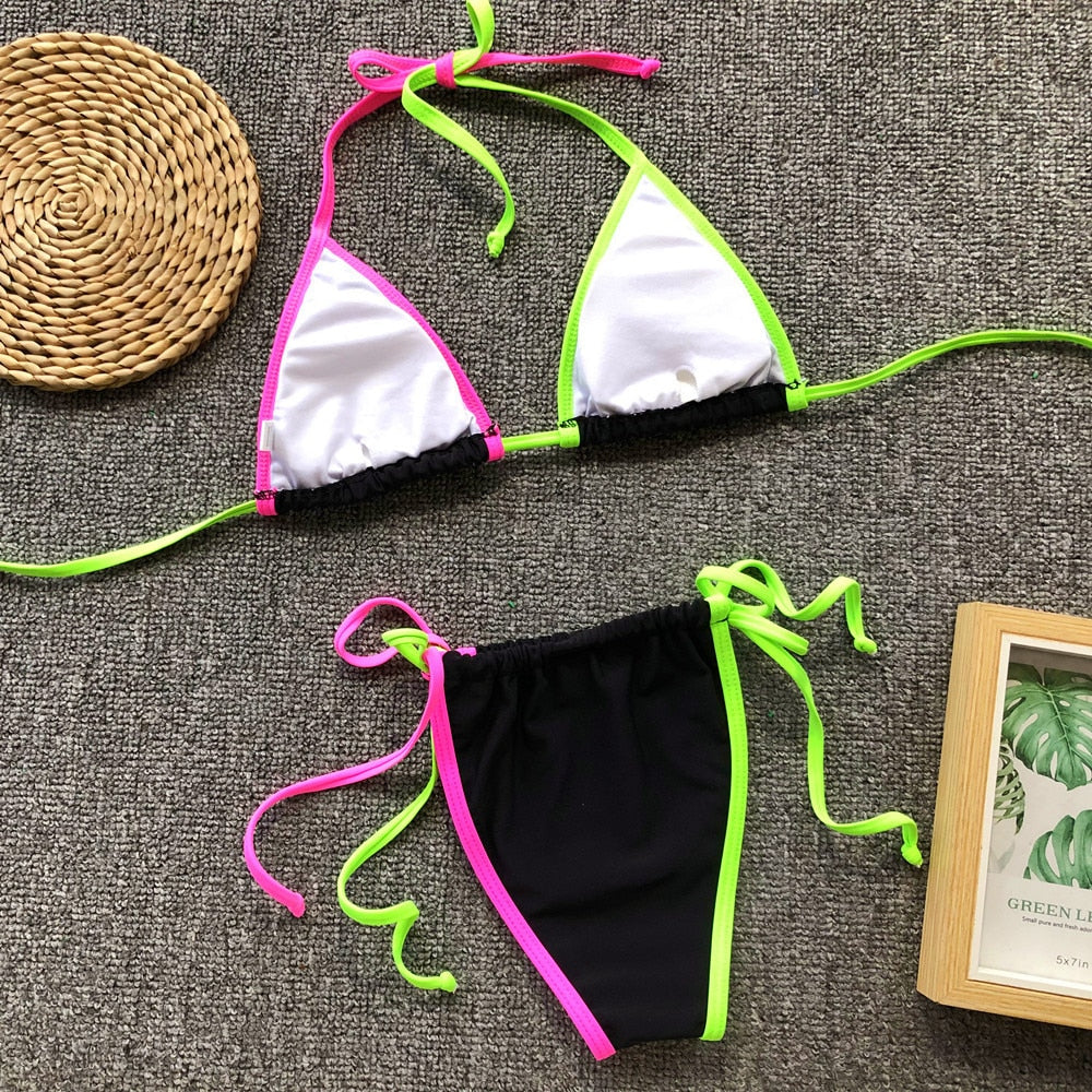 Halter V Neck Candy Color Bikini Sets